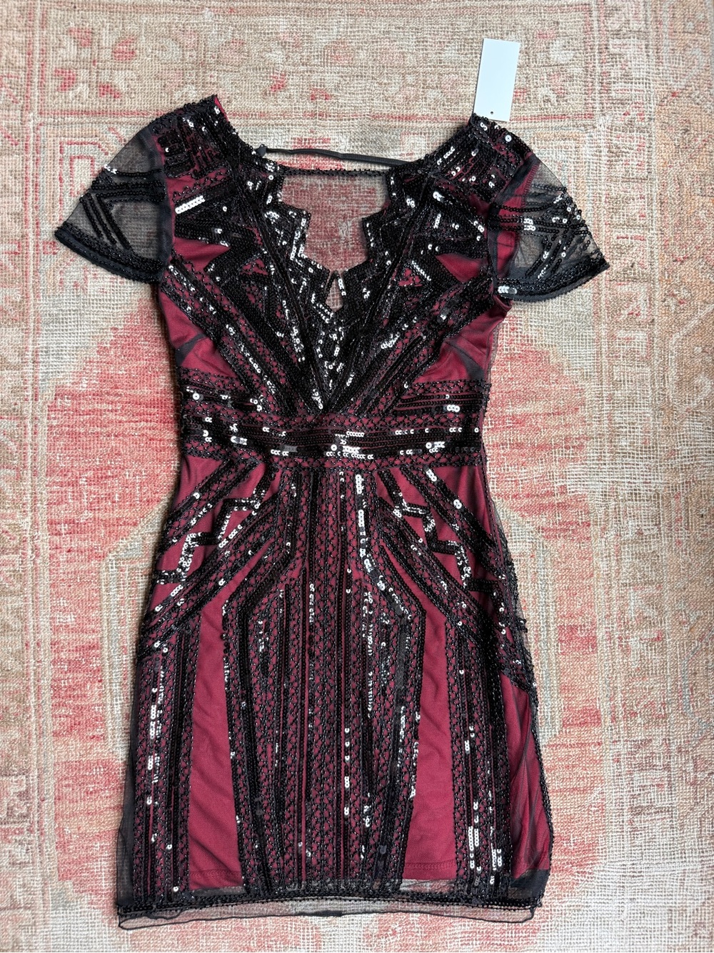 Beaded Burgundy and Black V-Neck Mesh Cocktail Dress